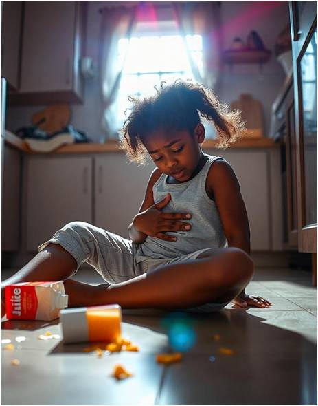 A girl child sitting on the floor and holding her chest in distress.