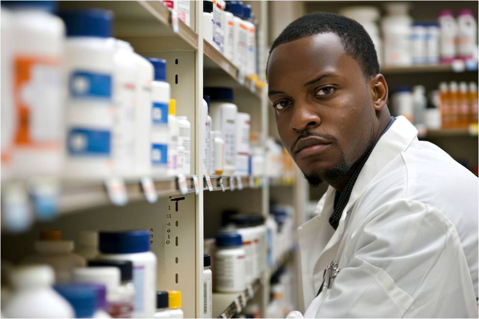 A blck male pharmacist in a white lab coat stands in a pharmacy aisle, surrounded by shelves stocked with medication bottles