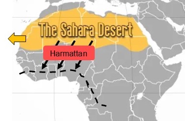 Map showing Region of Africa affected most by the Harmattan