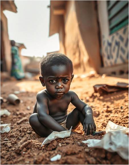 An African child sitting on the clay floor outside his house