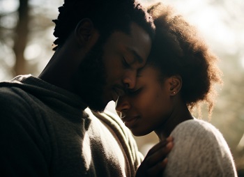 Young black couple in intimate and romantic moment outdoor