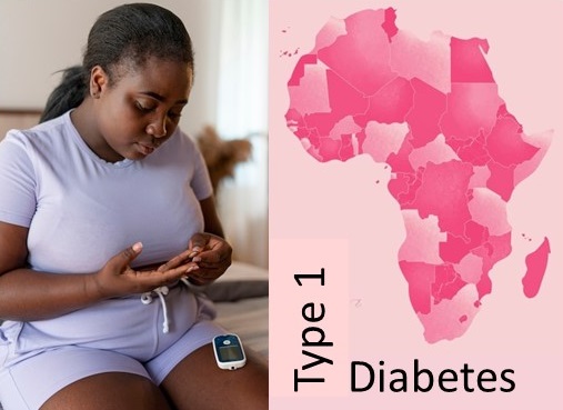 An African lady performing a finger prick blood glucose check on herself opposite a  pink map of Africa bearing type 1 diabetes label