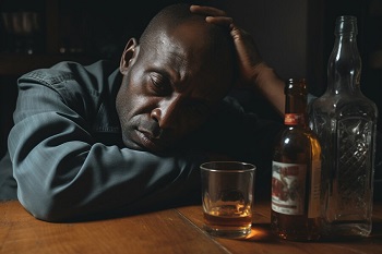 A drowsy African man leaning on a table with two alcohol bottles and a glass of alcohol