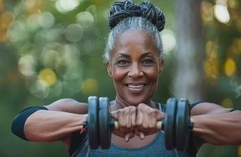 An elderly African woman holding a dumbbell with both hands