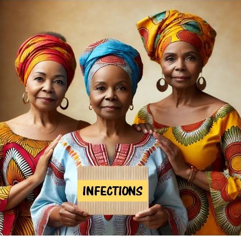 Three African women posing together with middle one holding Infection sign