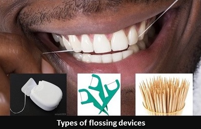 Varieties of teeth flossing devices with a black man using the flossing thread