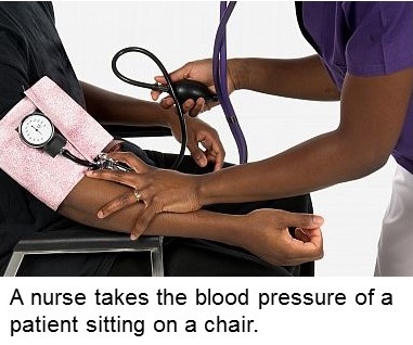 A nurse checking blood pressure in a seated black patient