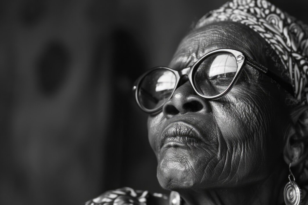 Black and white image of elderly African woman wearing reading glasses