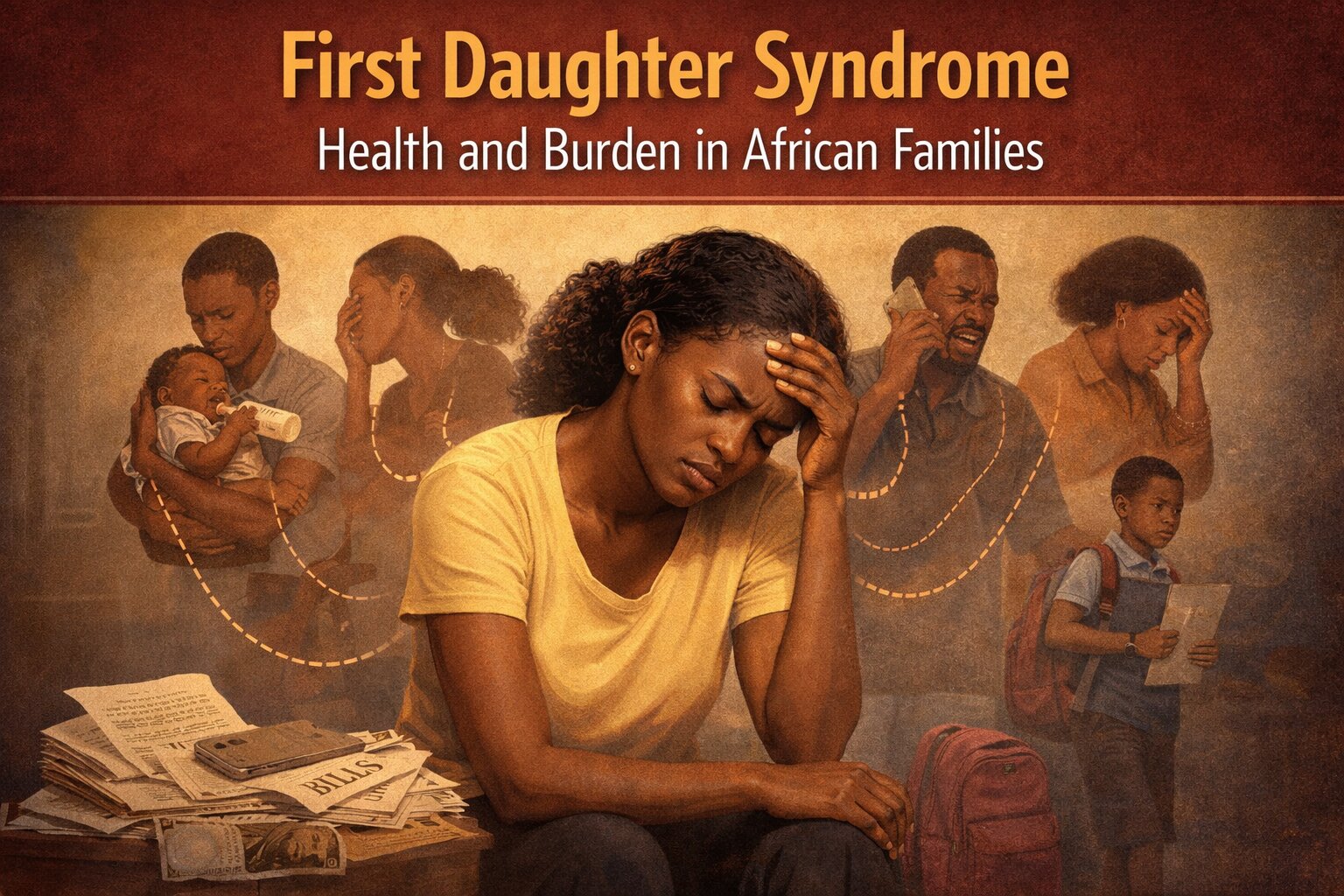 Composite image captioned First Daghter Syndrome; Health and Burden in African families. It depicts an African female sitting in the foreground and looking worried. In the background are multiple images of family members.