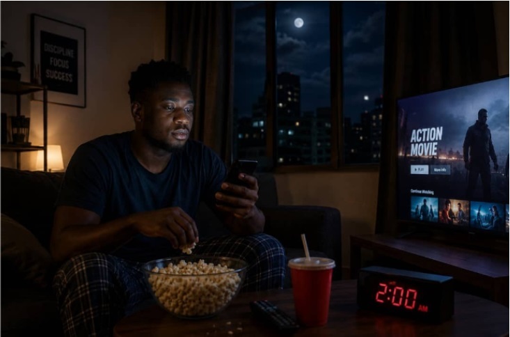 An African man keeping late night in a dimly lit living room, eating popcorn and watching TV.