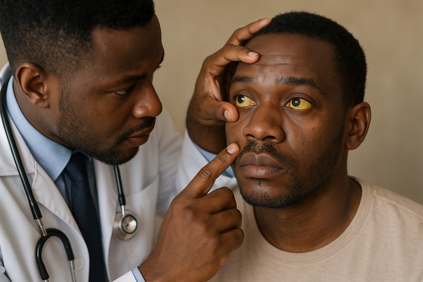A male doctor examining a black male patient with yellow eyes