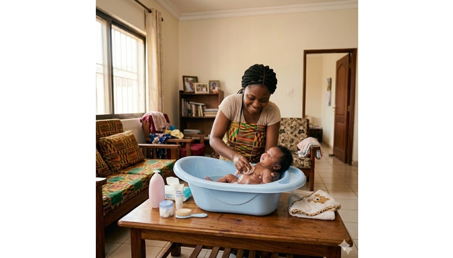 An African mother bathing her baby in a blu bath tub in her living room
