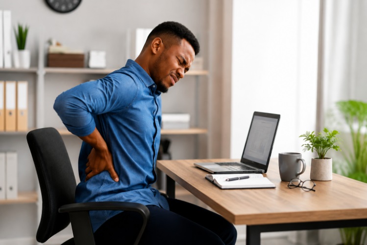 An African office worker sitting across a table with a laptop and holding his right lower back in apparent pain