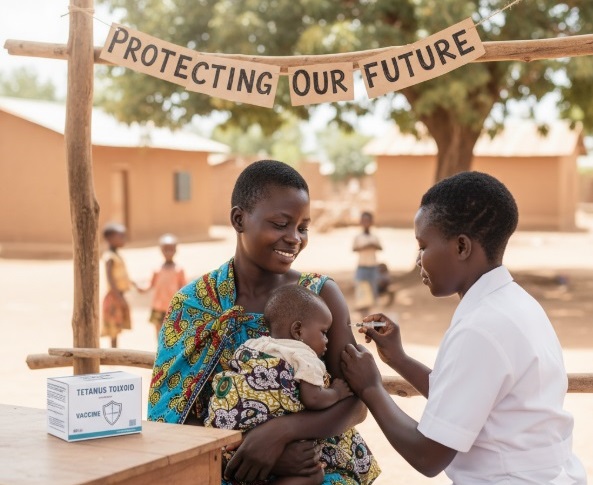 An African mother carrying her baby while receiving a vaccination jab from a healthcare worker
