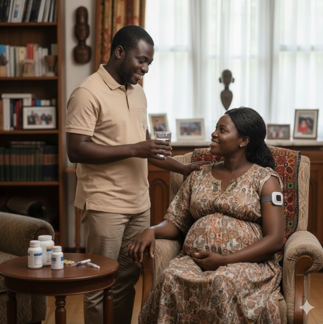 An African man offering a glass of water to her pregnant wife who is sitting on a single sofa.