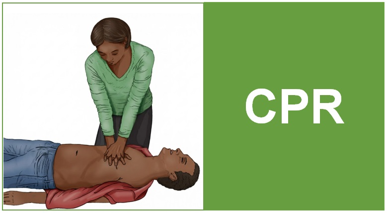 Cartoon illustration of a female bystander performing chest compressions in an unconscious man. 