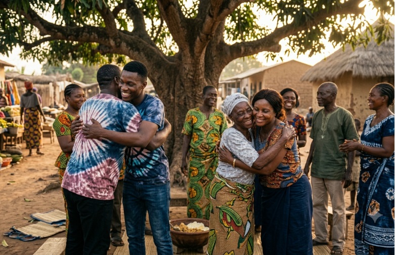 A family welcome scene in a village setting