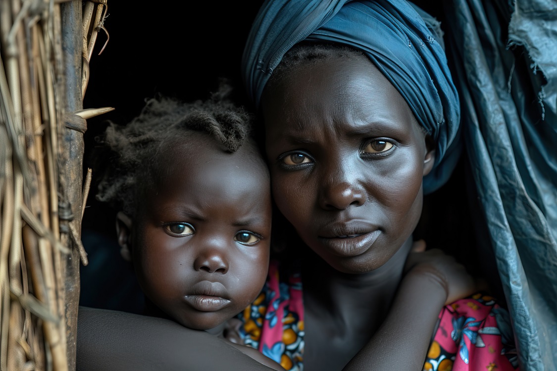 A poor African mother carrying her baby inside a modest, dimly lit shelter, both looking directly at the camera