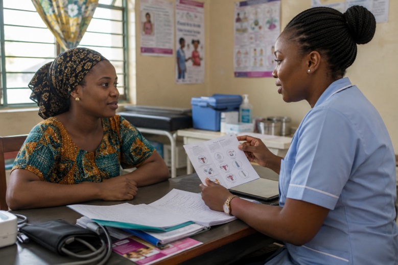 An Africa woman discussing family planning with health worker at a primary health centre