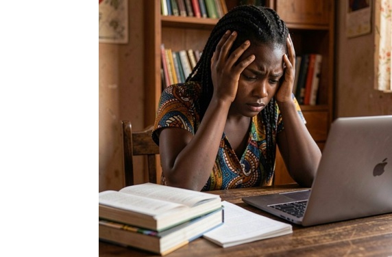 African woman sitting across a table with a laptop, looking overwhelmed.
