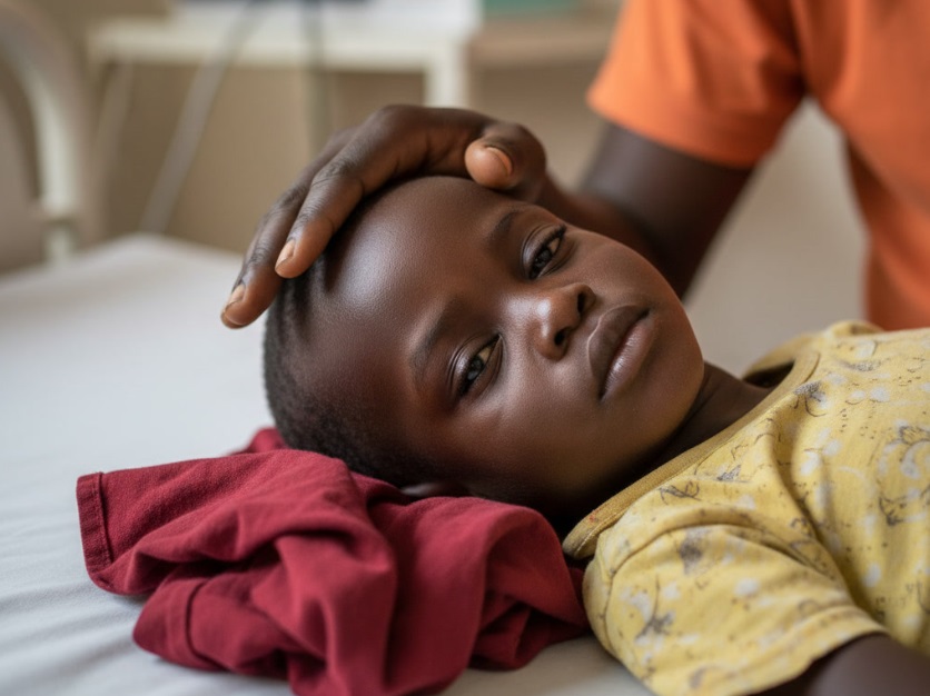 An African child probably with malaria symptoms lying in bed with a caregiver checking her temperature with her hand. 
