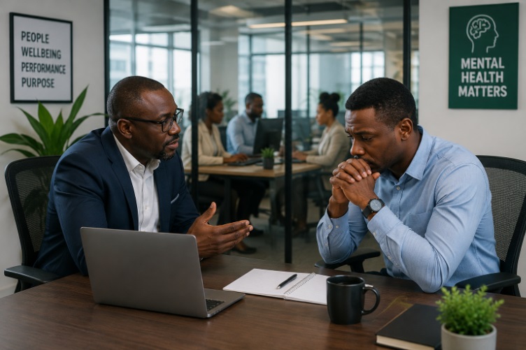 Photo of an African employer having a supportive conversation with his employee in an office
