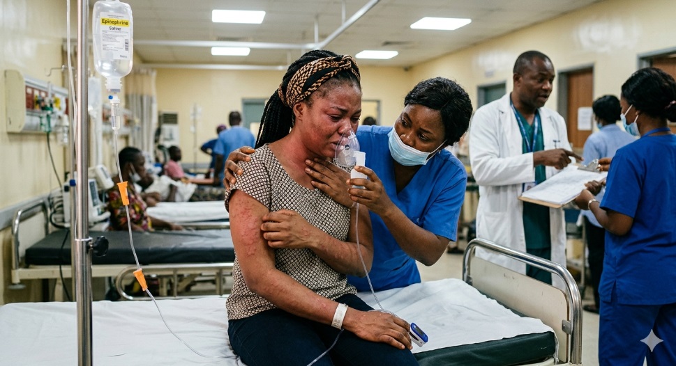 An African lady receiving oxygen through a nasal mask at a hospital emergency centre.