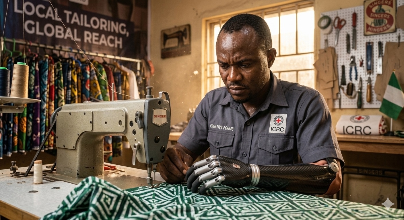 A Nigerian amputee with left hand prosthesis sewing in an ICRC rehabilitation workshop