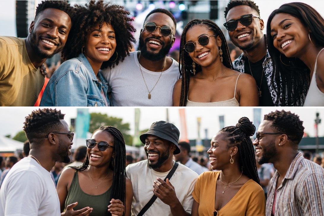 Photos showing groups of young adult Nigerians, smiling and posing together in happy moments.