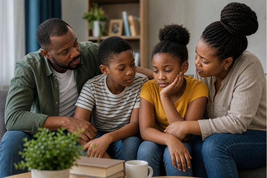 AI-generated image of African parents, checking up on their disturbed-looking children.