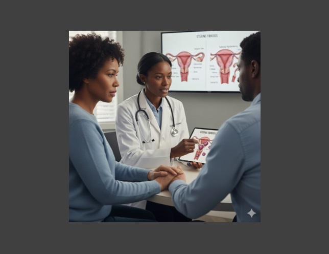 A black female doctor in a white lab coat is counselling a black couple about womb removal surgery