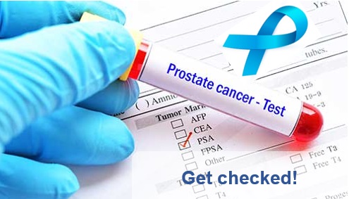 A hand-held vial of blood labeled Prostate cancer test