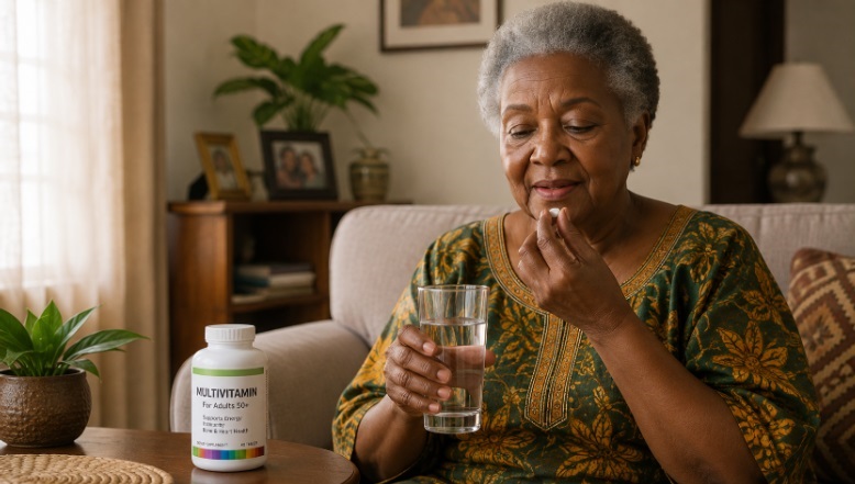 An elderly African woman taking a multivitamin pill with a glass of water at hand.