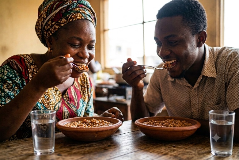 Ab African mother and son eating beans at table