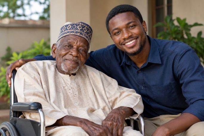 Photo of an older African man in a wheelchair and his adult son sitting besides him