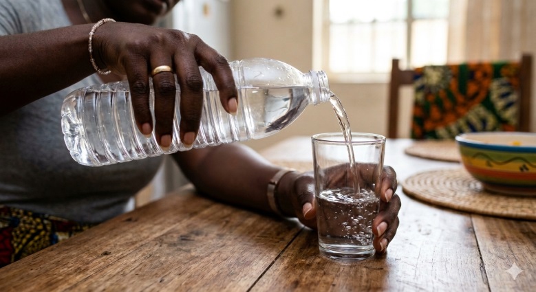 A hand pouring water from a bottle into a glass cup on a table