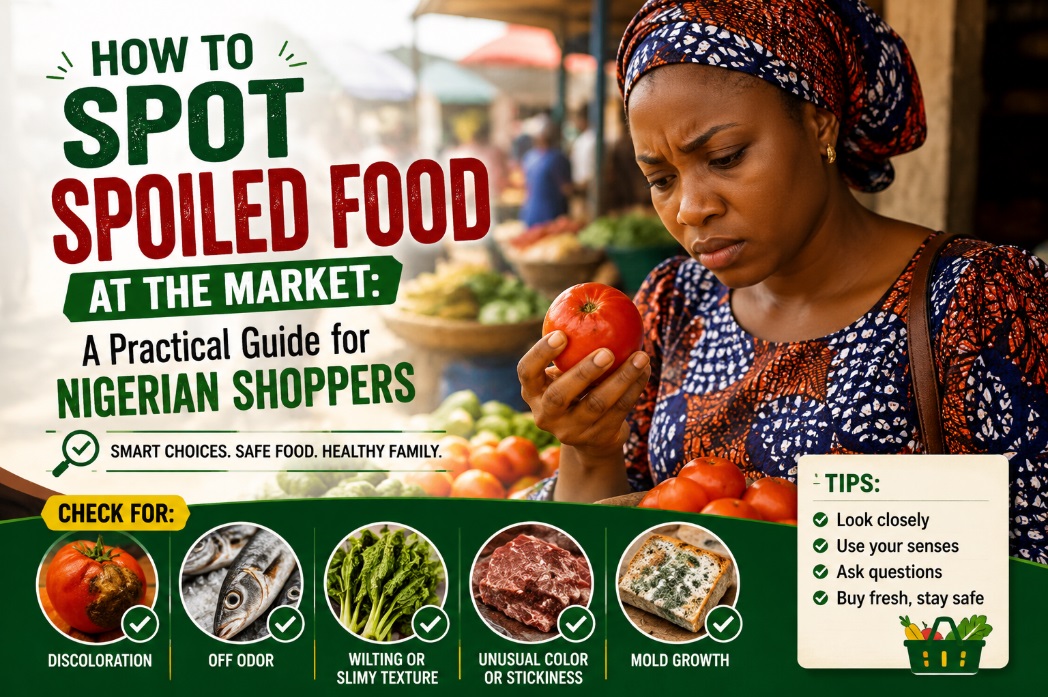 Infographic “How to Spot Spoiled Food at the Market: A Practical Guide for Nigerian Shoppers” — woman inspecting a tomato, with icons for discoloration, off odor, wilting, unusual color, and mold, plus a tips box