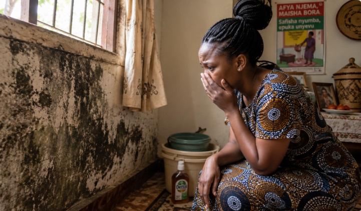A worried looking African lady sitting and facing a mold-clad wall at home