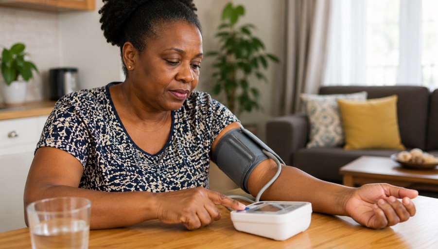 An African woman checking her blood pressure at home