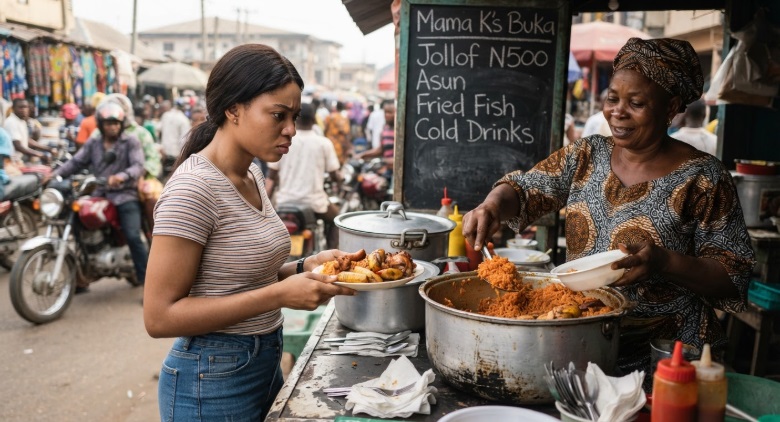 A young lady with worried look buying street food on a busy Africa street.