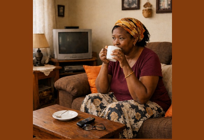 Image of an African lady, sitting in her living room enjoying a cup of coffee.